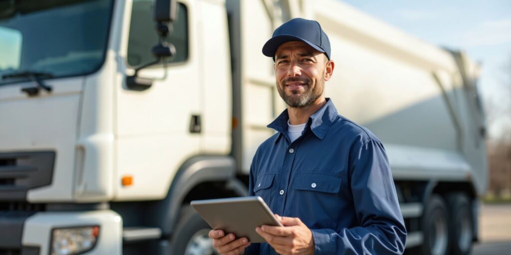 man with tablet near garbage truck