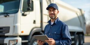 man with tablet near garbage truck