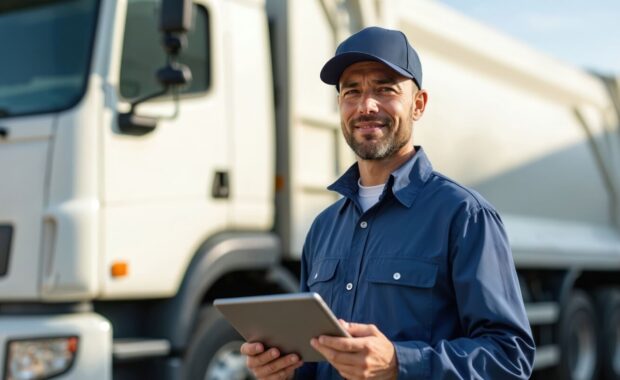 man with tablet near garbage truck