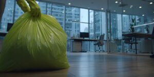 office cleaning scene with a large trash bag in a modern workspace with cool blue and green tones