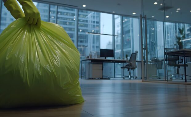 office cleaning scene with a large trash bag in a modern workspace with cool blue and green tones
