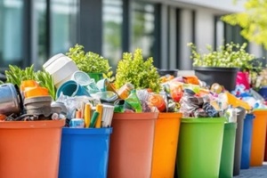 overflowing recycling bins filled with improperly sorted waste outside a commercial office building with vibrant outdoor greenery