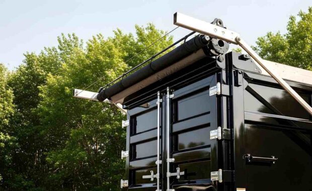 rear view of hydraulic roll-off dump truck bed