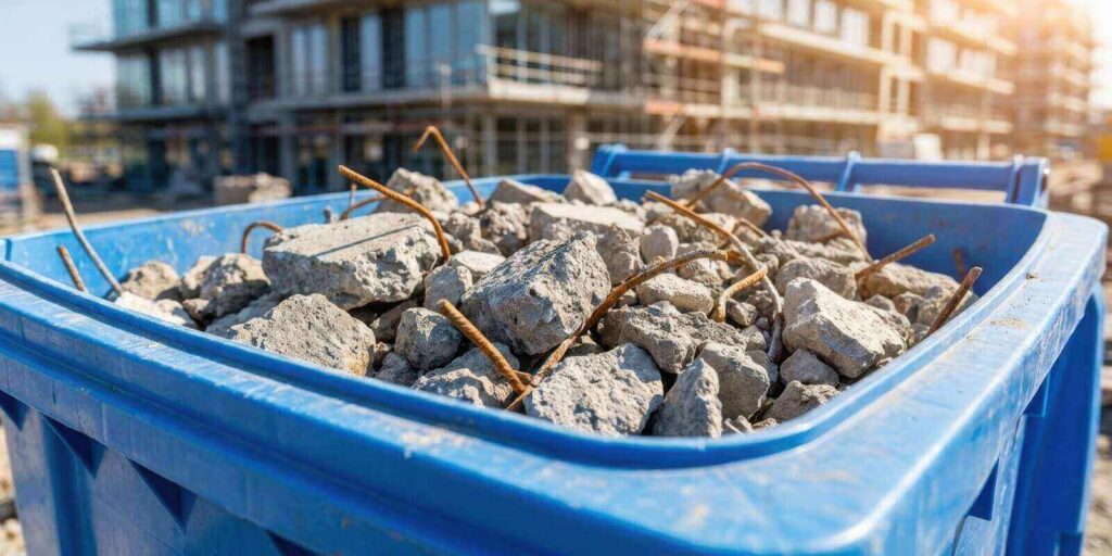 blue construction dumpster filled with concrete rubble and metal rebar
