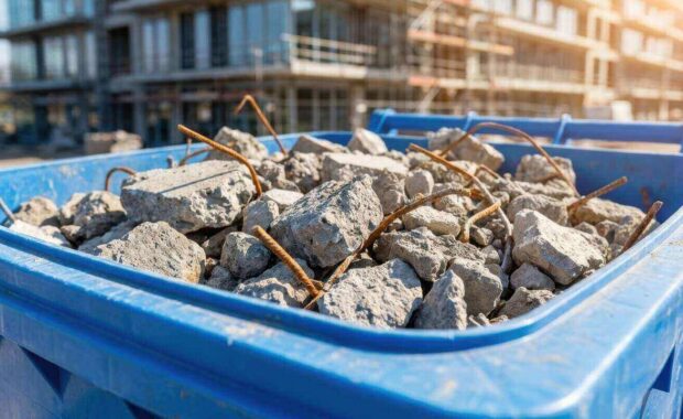 blue construction dumpster filled with concrete rubble and metal rebar