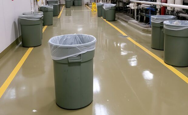 industrial hallway with multiple refuse bins lined along a clean, reflective floor