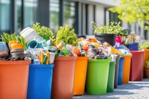 overflowing recycling bins filled with improperly sorted waste outside a commercial office building with vibrant outdoor greenery
