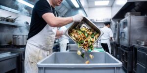 professional kitchen staff disposing of unwanted food scraps into a large commercial waste bin with leftover cooked vegetables vegetables metal container