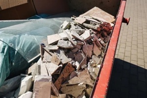 construction dumpster waste background, rubble debris pile scene