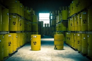 depot with storage of yellow barrels with radioactive and harmful waste
